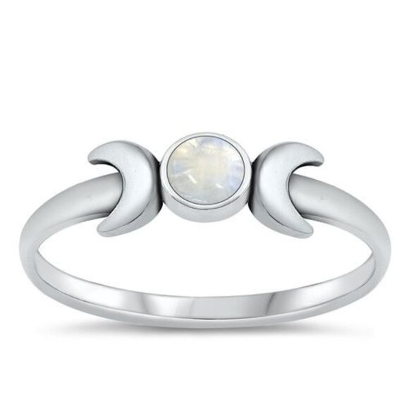Sterling Silver 925 Dainty Minimalist Moonstone Crescent Moon Band Ring Sz 5.5 - Picture 1 of 16